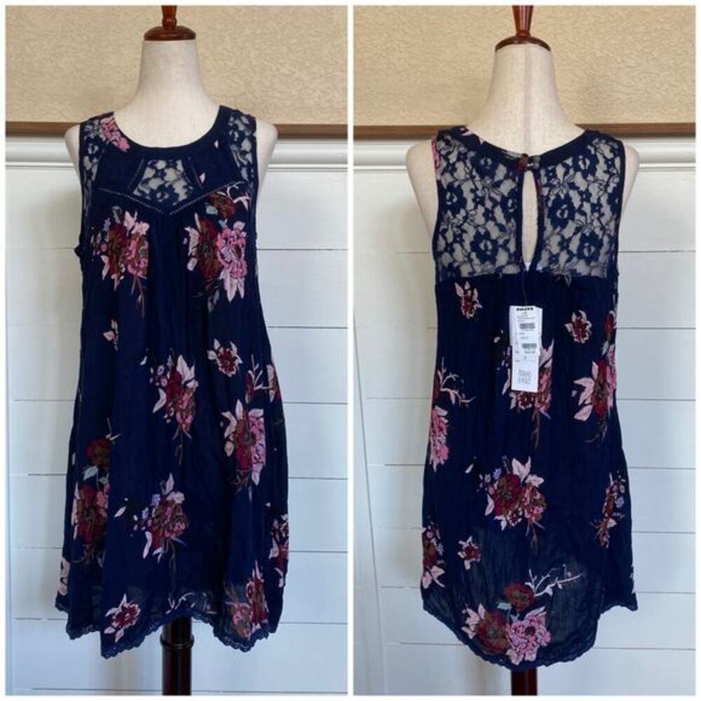 Patrons of Peace Navy Floral Lace Inset Sleeveless Boho Mini Dress NWT Size S